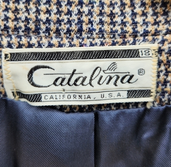 VINTAGE Catalina Tweed Navy Academia Checked Two Button Blazer Size 18 - Picture 10 of 11
